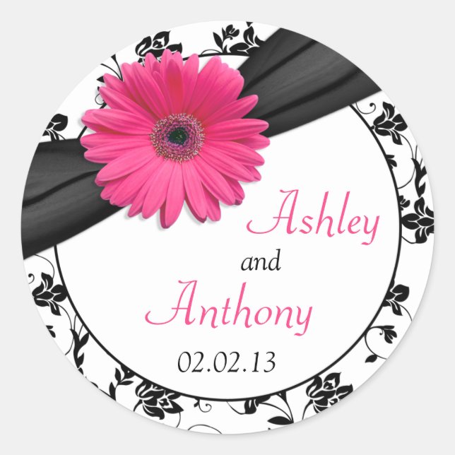 Pink Daisy Schwarz-weiß Floral Wedding Stickers (Vorderseite)
