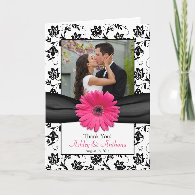 Pink Daisy Schwarz-weiß Floral Wedding Vielen Dank Dankeskarte (Vorderseite)