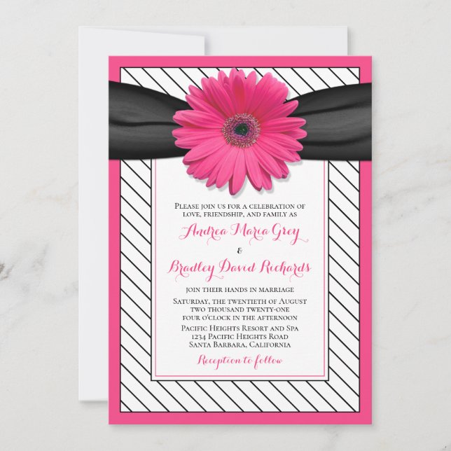 Pink Daisy Schwarz-weiß Pinstripe Wedding Einladung (Vorderseite)