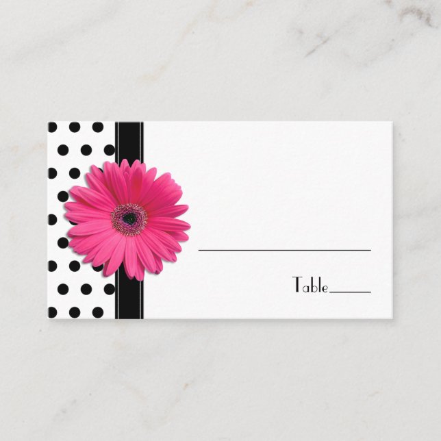 Pink Daisy Schwarz-weiß Polka Dot Platzkarte (Vorderseite)