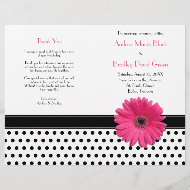 Pink Daisy Schwarz-weiß Polka Dot Wedding Program (Vorderseite)