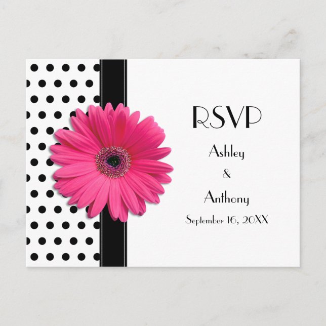 Pink Daisy Schwarz-weiß Polka Dot Wedding RSVP Einladungspostkarte (Vorderseite)