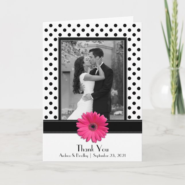 Pink Daisy Schwarz-weiß Polka Dot Wedding Vielen D Dankeskarte (Vorderseite)