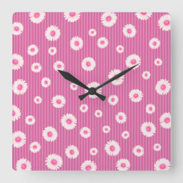 Pink Daisy Stripe Quadratische Wanduhr