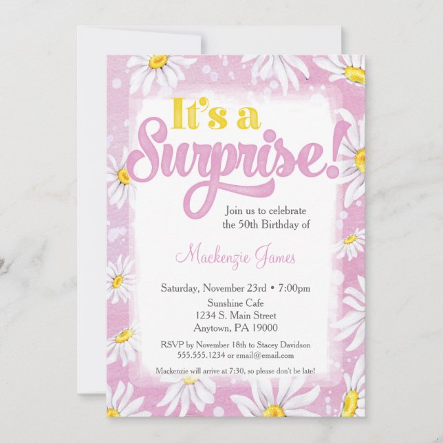 Pink Daisy Surprise Party Invitation Dames Floral (Devant)
