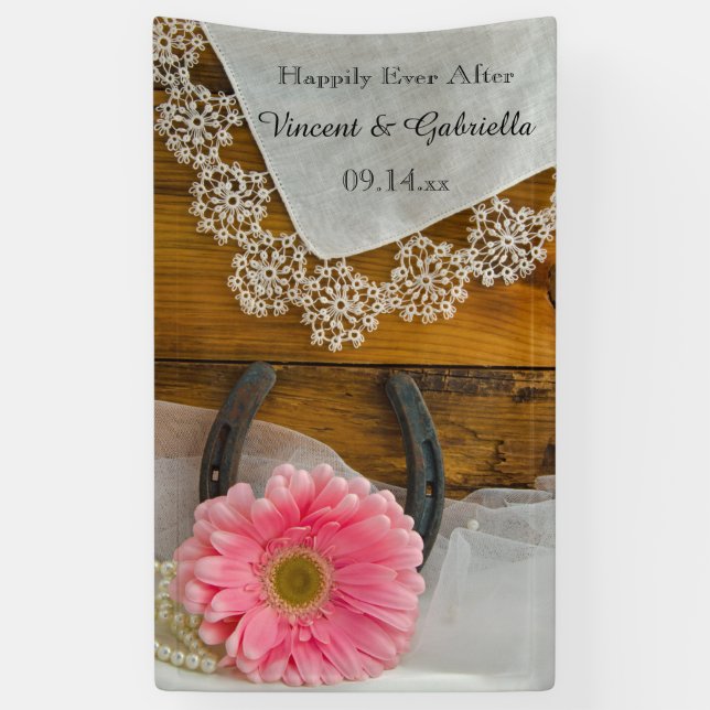 Pink Daisy und Horseshoe Country Western Hochzeit Banner (Vertikal)