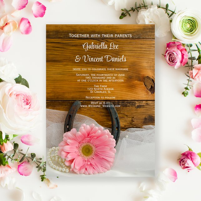 Pink Daisy und Horseshoe Country Western Hochzeit Einladung (Von Creator hochgeladen)