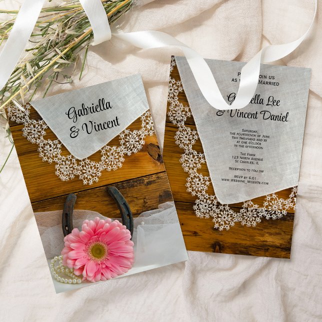 Pink Daisy und Lace Country Western Hochzeit Einladung (Von Creator hochgeladen)