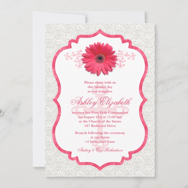 Pink Daisy White Lace Erste Kommune Einladung (Vorderseite)