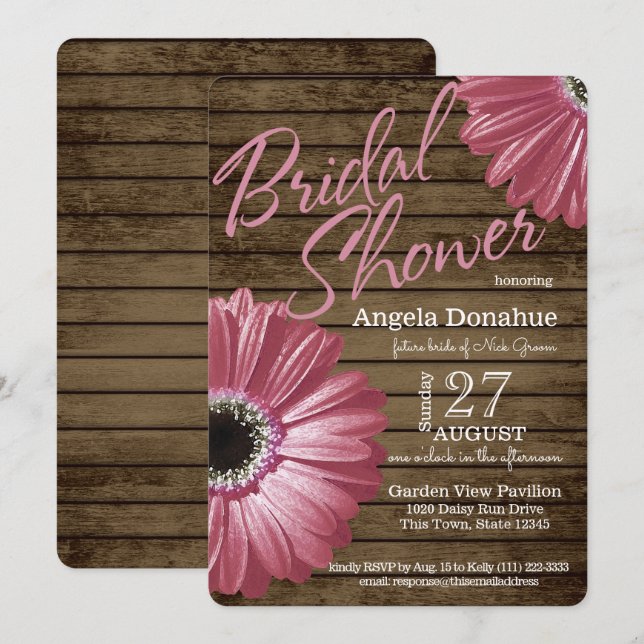 Pink Daisy Wood Brautparty Einladung (Vorne/Hinten)