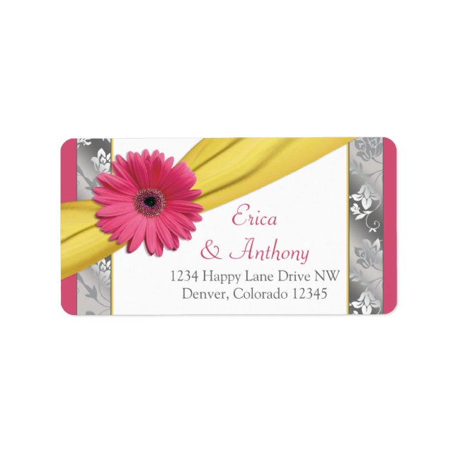 Pink Daisy Yellow Damask Hochzeitsplatten Adressaufkleber (Vorne)