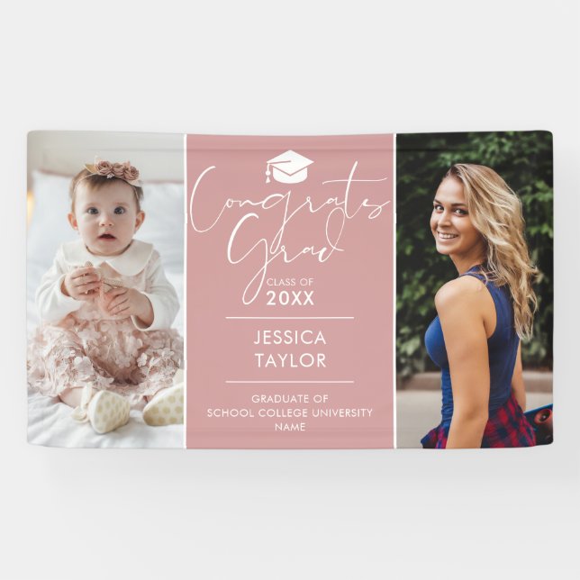 Pink damals und jetzt 2 Foto Graduation Party Banner (Horizontal)