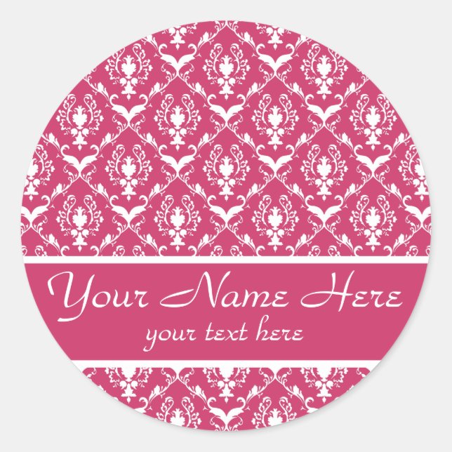 Pink Damask #5 anpassbar Runder Aufkleber (Vorderseite)