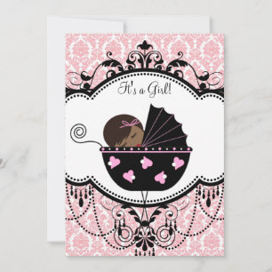 Pink Damask African American Baby Girl Dusche Einladung