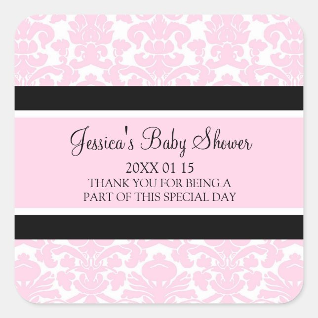 Pink Damask Baby Dusche Pflegeaufkleber Quadratischer Aufkleber (Vorderseite)