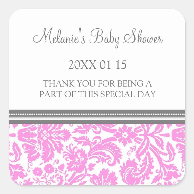 Pink Damask Baby Dusche Pflegeaufkleber Quadratischer Aufkleber (Vorderseite)
