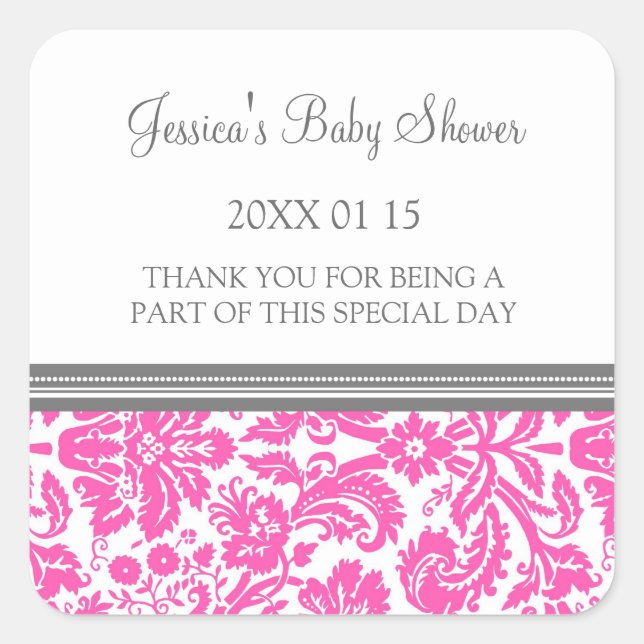 Pink Damask Baby Dusche Pflegeaufkleber Quadratischer Aufkleber (Vorderseite)