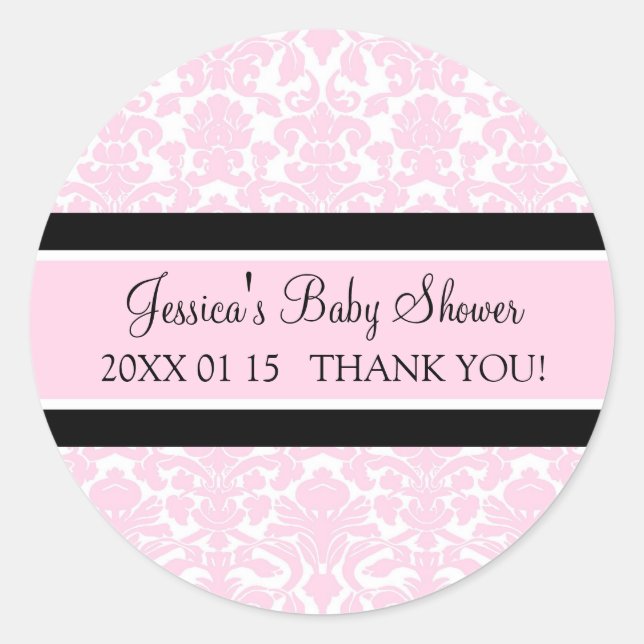 Pink Damask Baby Dusche Pflegeaufkleber Runder Aufkleber (Vorderseite)