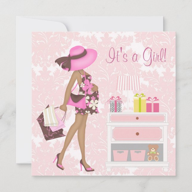 Pink Damask Baby Girl Douche Invitations (Devant)