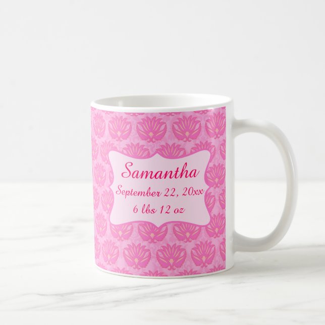 Pink Damask Baby Girl Name Personalisierte Geburt Kaffeetasse (Rechts)