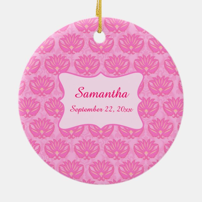 Pink Damask Baby Girl Name Personalisierte Geburt Keramik Ornament (Hinten)