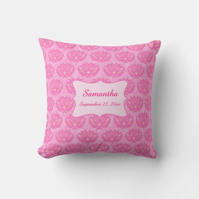 Pink Damask Baby Girl Name Personalisierte Geburt Kissen (Vorderseite)