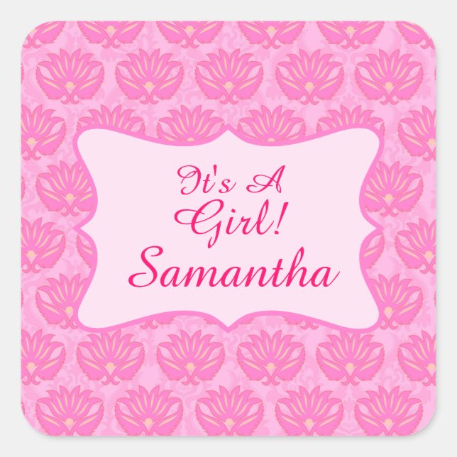 Pink Damask Baby Girl Name Personalisierte Geburt Quadratischer Aufkleber (Vorderseite)