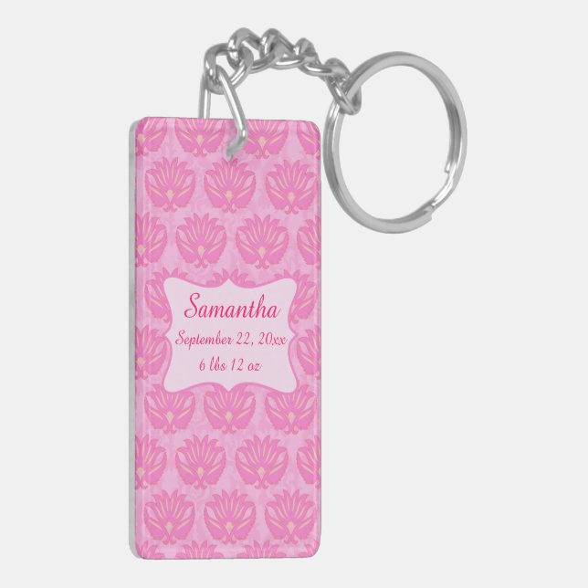 Pink Damask Baby Girl Name Personalisierte Geburt Schlüsselanhänger (Rückseite links)