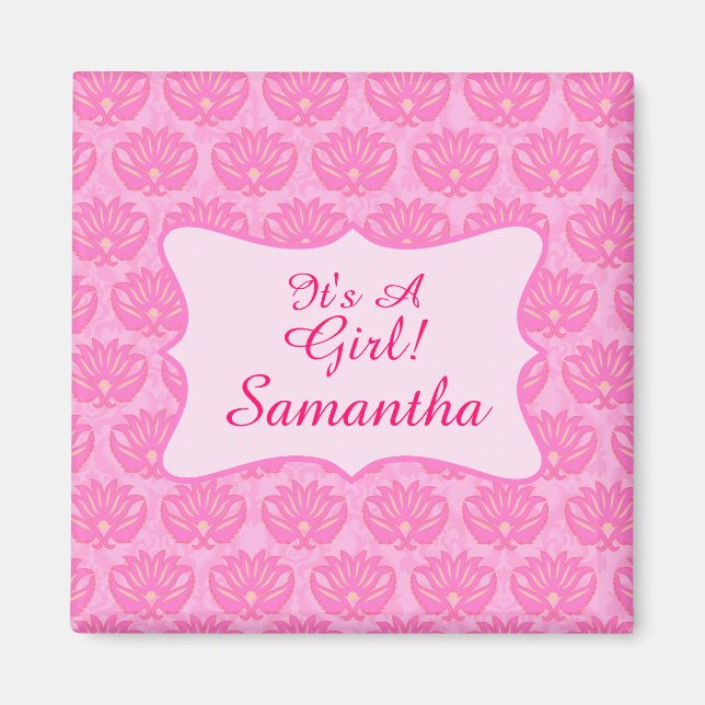 Pink Damask Baby Girl Name Personalized Birth Magnet (Vorne)