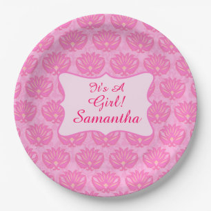 Pink Damask Baby Sein Mädchenname Personalisiert Pappteller