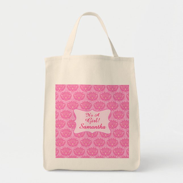 Pink Damask Baby Sein Mädchenname Personalisiert Tragetasche (Vorne)