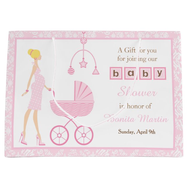 Pink Damask Blonde Babydusche Große Geschenktüte (Vorderseite)
