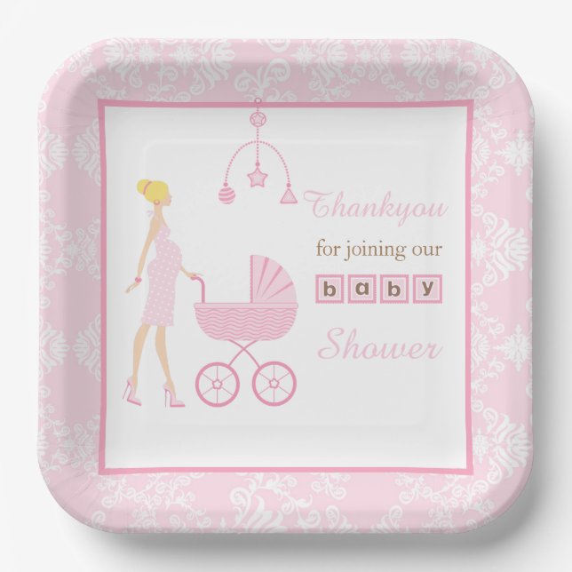 Pink Damask Blonde Babydusche Pappteller (Vorderseite)