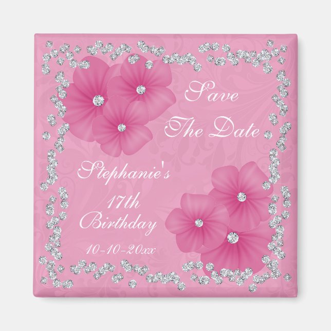 Pink Damask & Blume 17. Geburtstag Magnet (Vorne)