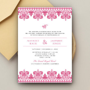 Pink Damask Border Anand Karaj Sikh Wedding Einladung
