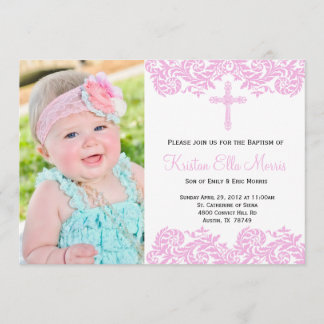 Pink Damask Christening Baptism Invitation