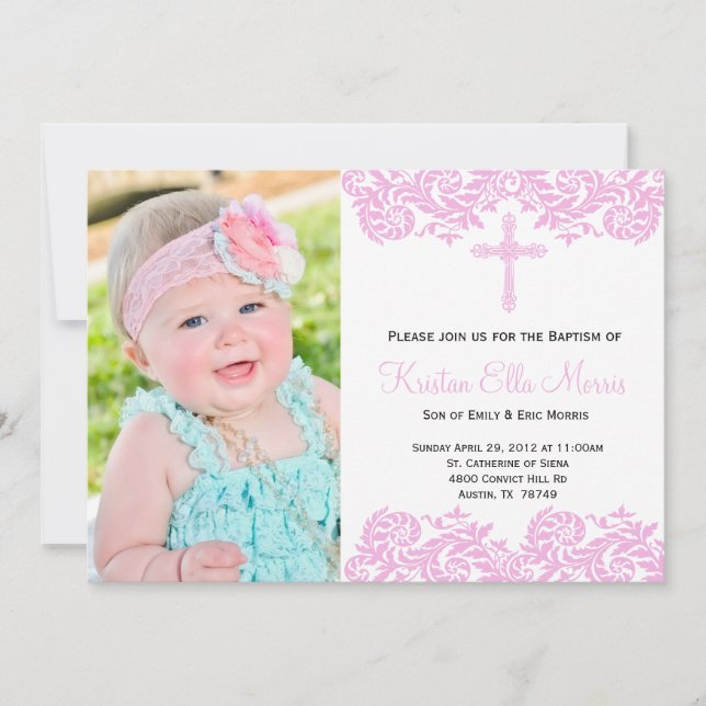 Pink Damask Christening Baptismus Einladung (Vorderseite)