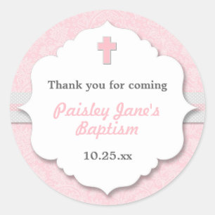 Pink Damask Cross Girl Taufe Runder Aufkleber
