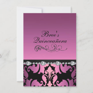 Pink Damask & Diamond Image Quinceañera Einladung