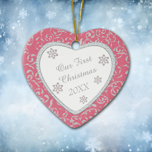 Pink Damask Faux Diamond First Christmas Keramik Ornament