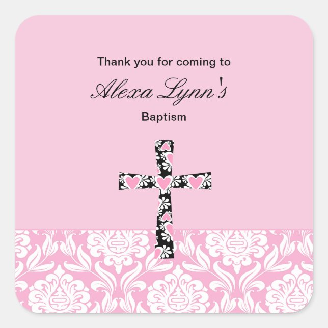 Pink Damask Girls BaptismMerci autocollant (Devant)