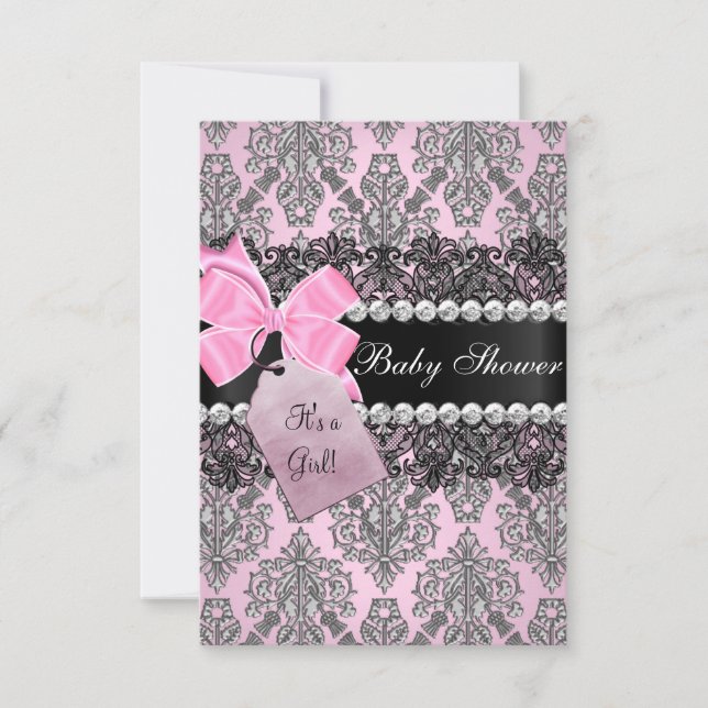 Pink Damask & Lace Girl Baby Dusche Einladung (Vorderseite)