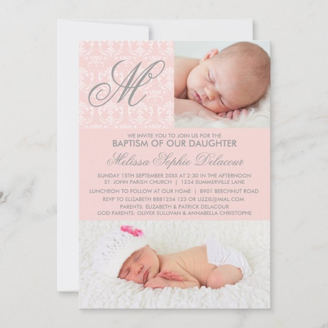 Pink Damask Monogramme Baptême Photo Invitation (Devant)