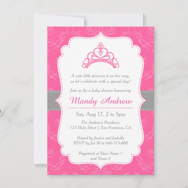 Pink Damask, Princess Crown, Girl Baby Dusche Einladung (Vorderseite)