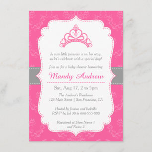 Pink Damask, Princess Crown, Girl Baby Dusche Einladung