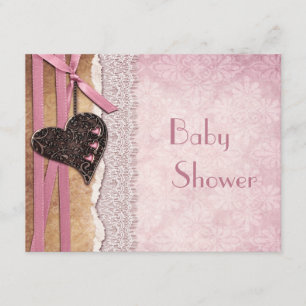 Pink Damask, Printed Heart & Lace Baby Dusche Einladung