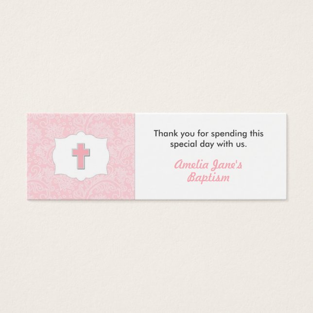 Pink Damask Taufe Gefallen Tag mit Kreuz (Vorderseite)