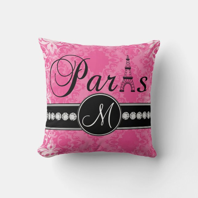 Pink-Damast-Schwarz-Pariser Monogramm-Kissen Kissen (Vorderseite)