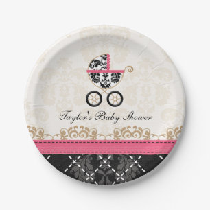 Pink-Damast-Wagen-Babyparty Pappteller