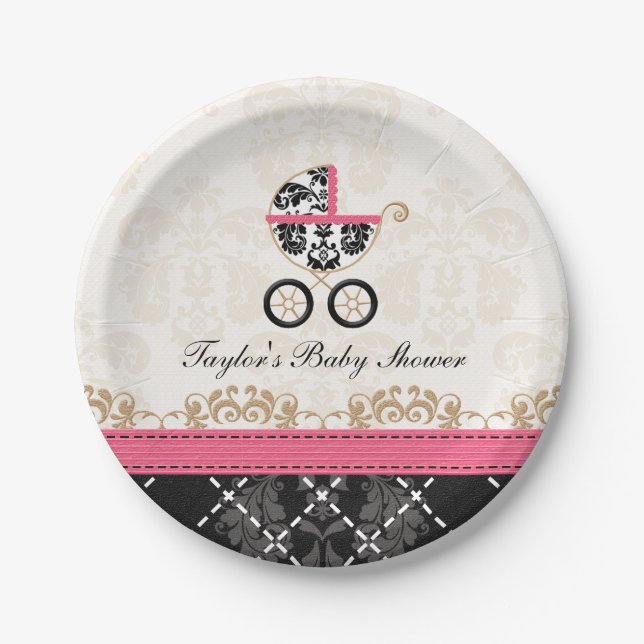 Pink-Damast-Wagen-Babyparty Pappteller (Vorderseite)